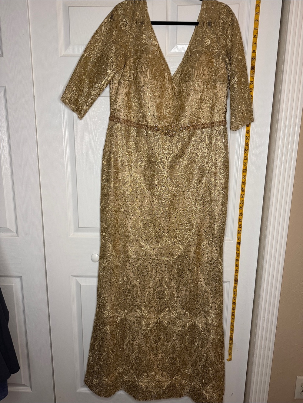 Mon Cheri Gold Lace V-Neck Mother of the Bride Gown